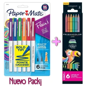 Set Marcador Flair Bold Blister Paper Mate X6 + Colores pastel Prismacolor x6