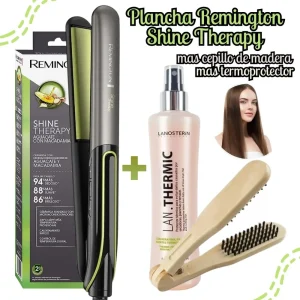 TRICOMBO PLANCHA ALISADORA REMINGTON SHINE THERAPY S12A + SPRAY + PEINE